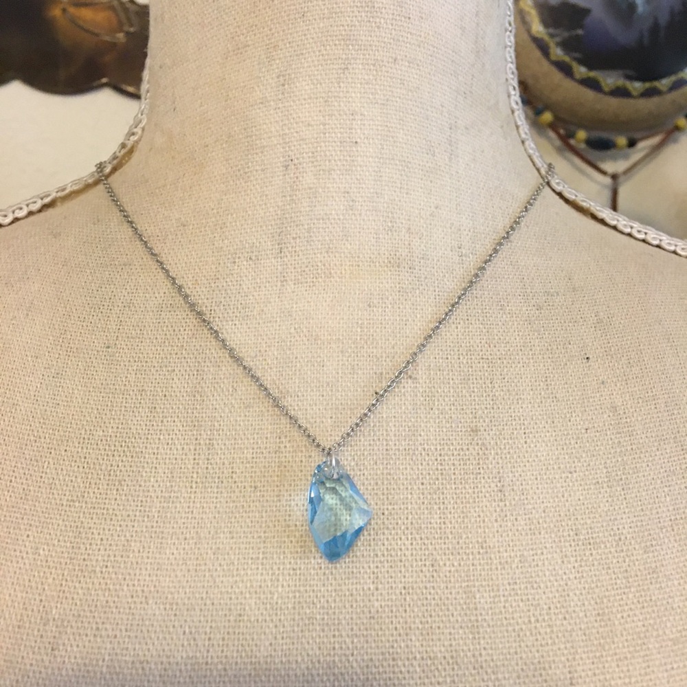 Faceted blue glass slab pendant on chain necklace